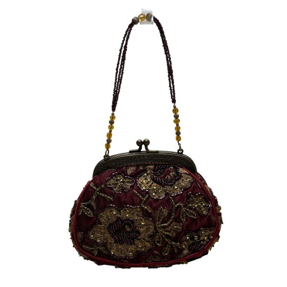 Christiana Women’s Burgundy Beaded Brass Frame & Beaded Handle Evening Handbag - Picture 1 of 9